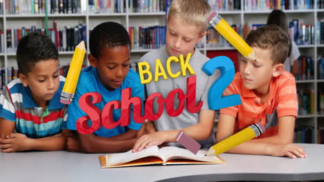 animation of back to school text and pencils over diverse schoolchildren in classroom