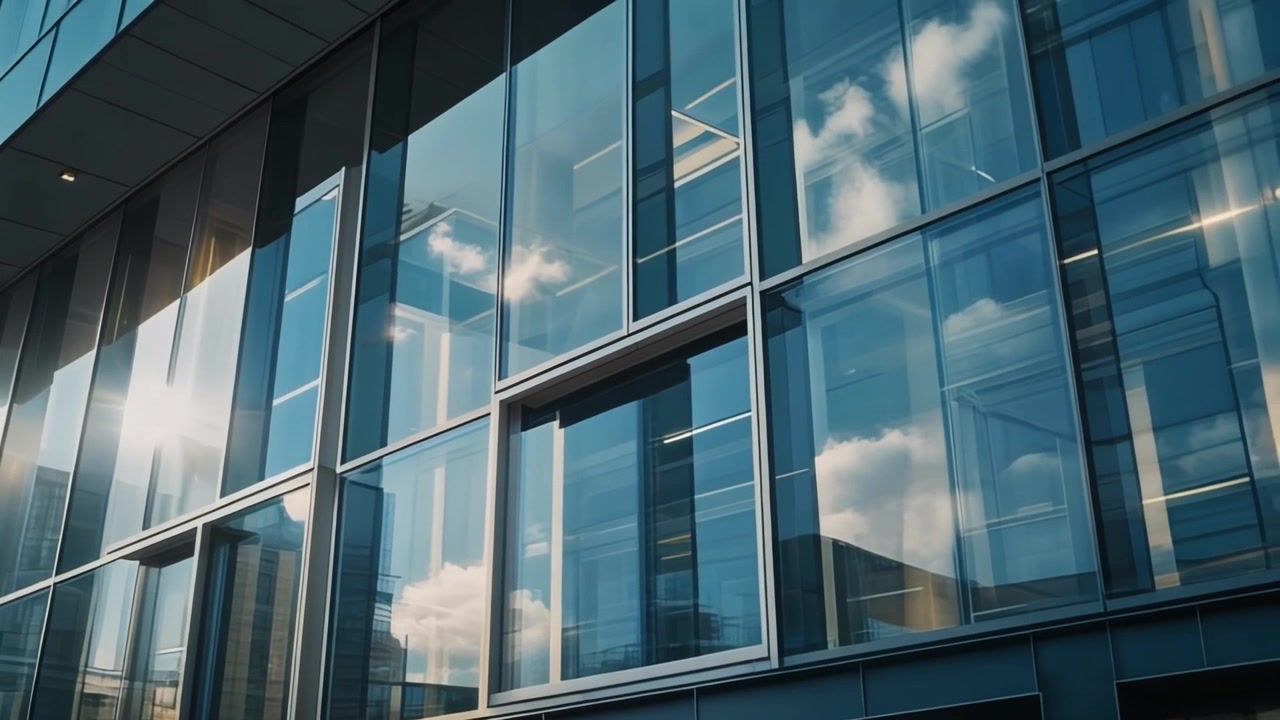 Fachada moderna de vidro de edifício de escritórios refletindo nuvens