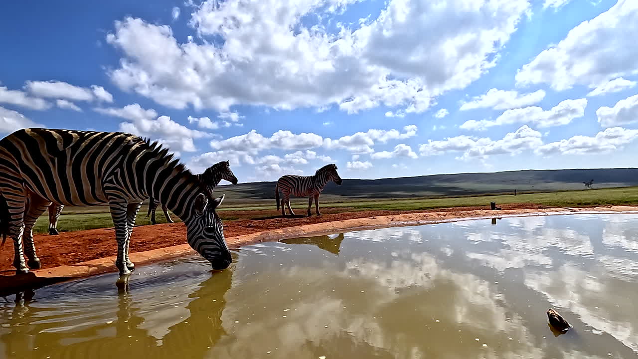 Zebras drinking at a waterhole on a sunny day with clouds reflected in water