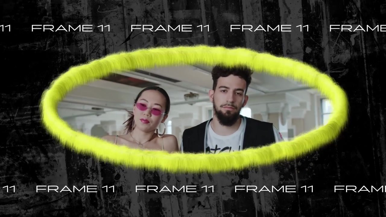 Trendy muž a žena zarámovaní žlutou oválnou grafikou