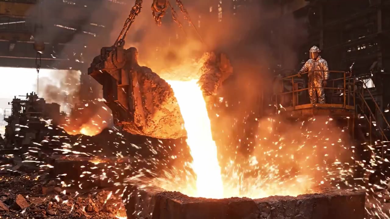 Intenso processo di colata di metallo fuso catturato in un contesto di industria pesante, che mostra l'affascinante interazione tra fuoco e acciaio in un ambiente industriale.