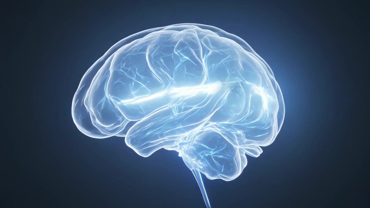 Opening rotating brain hologram showing bright band across cortex on blue gradient, pulsing veins
