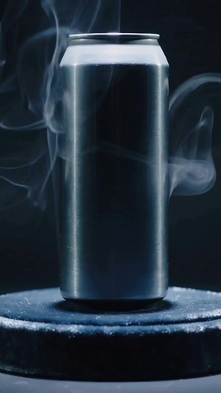 Vertical video: Releasing vapor, platform sending mist around aluminum can in dark set