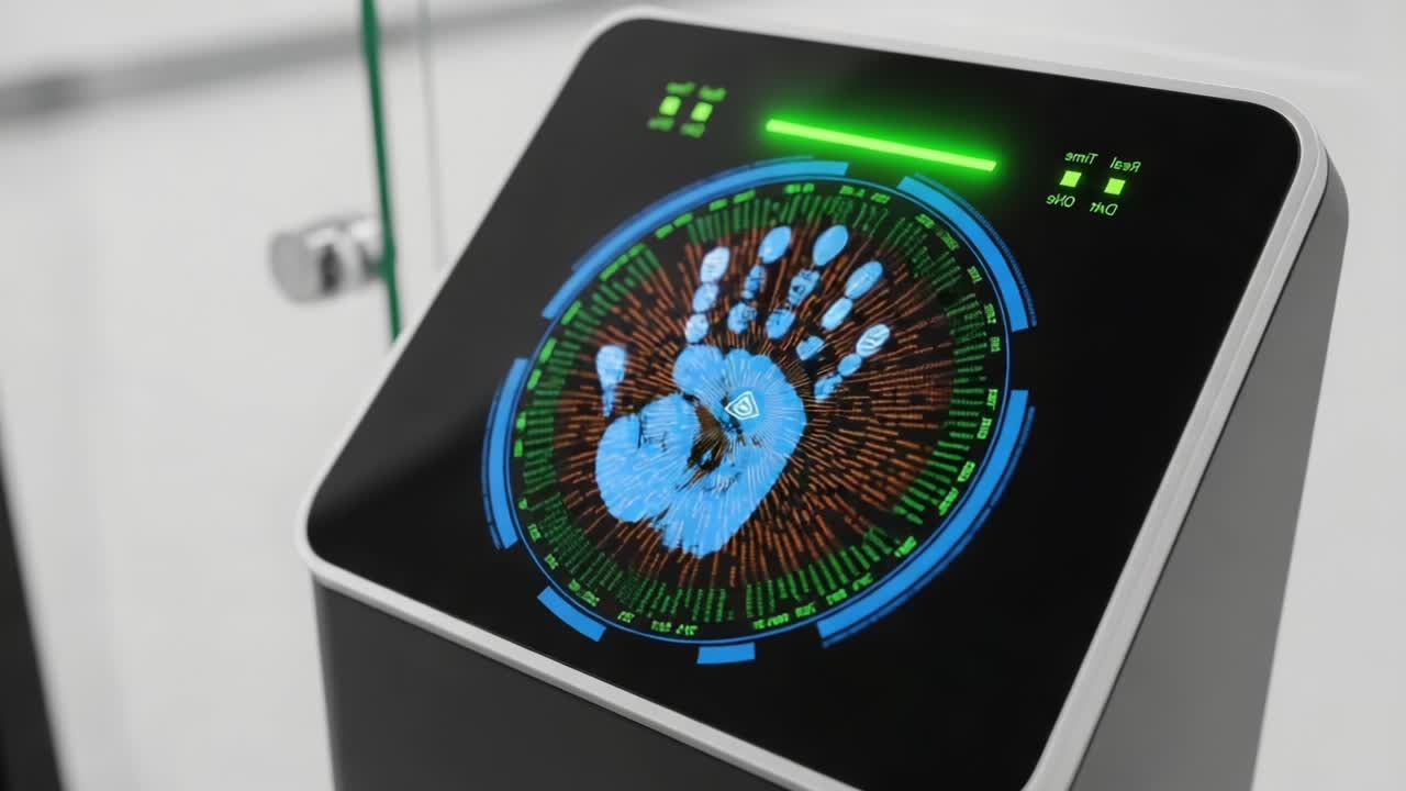 Advanced Biometric Scanner Displaying Handprint Recognition with Digital Visualization and Security Features