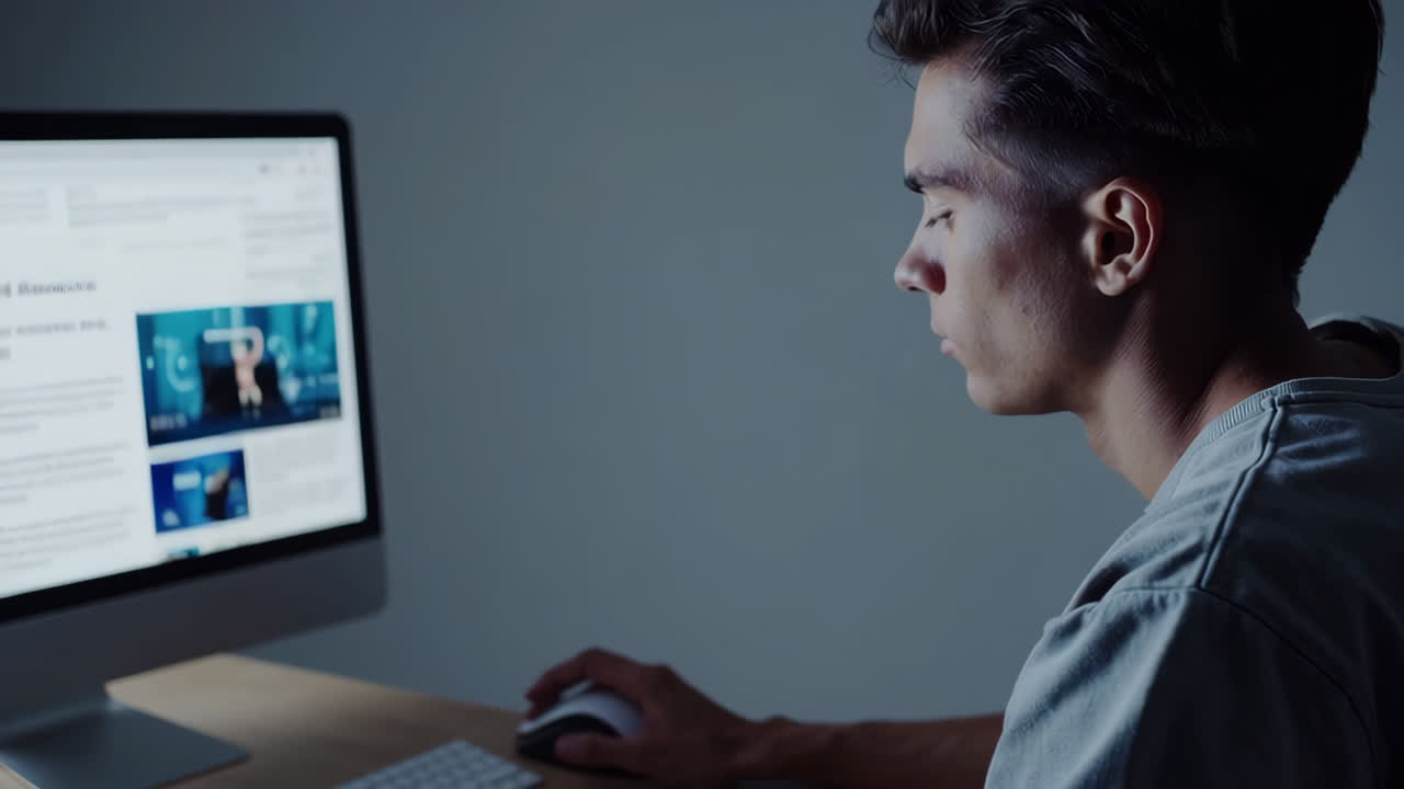 Young Man Using Computer at Night