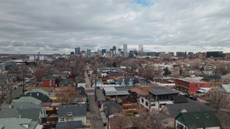 wide angle aerial flyover above denver colorado city suburb in winter, cloudy day