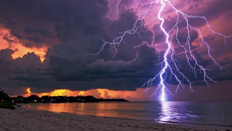 dramatic lightning storm over coastal beach at sunset