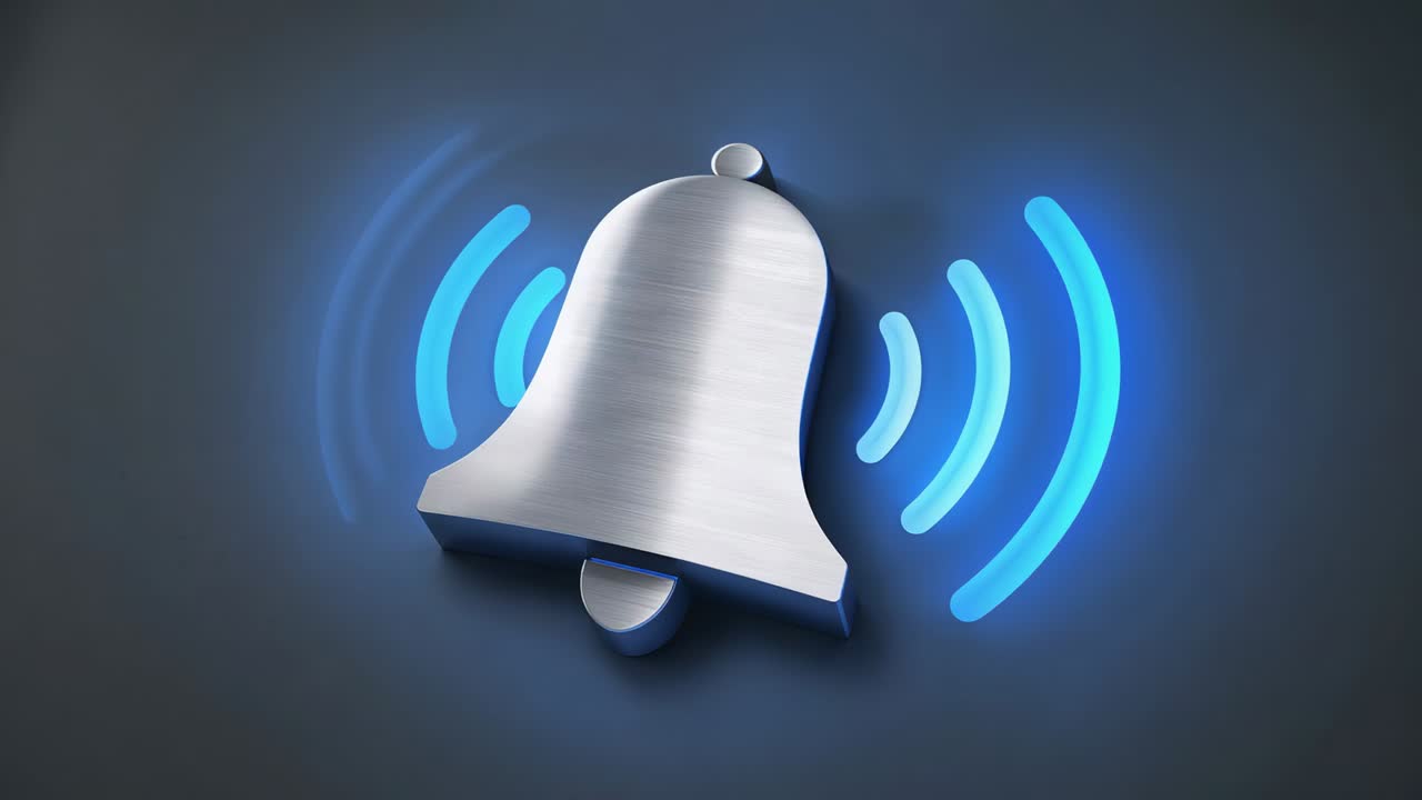 Ringing as alert arriving metal bell rotating and emitting blue waves with clapper on dark gradient