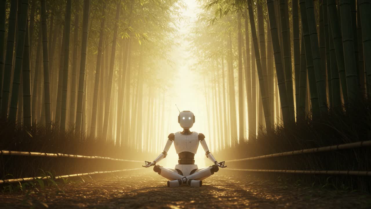A Serene Robotic Meditation in a Bamboo Forest: Witness the Tranquil Harmony of Nature and Technology as the Robot Sits Silently in Deep Contemplation