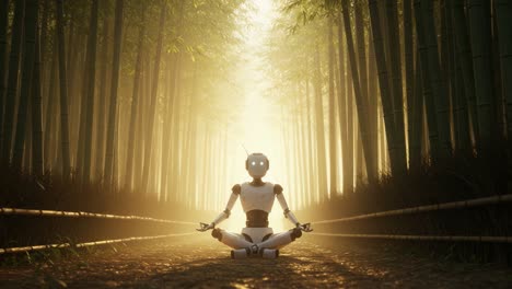 a serene robotic meditation in a bamboo forest: witness the tranquil harmony of nature and technology as the robot sits silently in deep contemplation