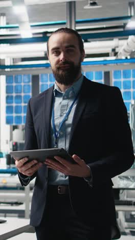 vertical video skilled executive giving a pitch in a solar photovoltaics factory
