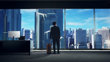 아시아 사업가 가방을 들고 걸어다니며 초고층 건물이 있는 큰 도시를 창문 밖으로 바라보고 있습니다.