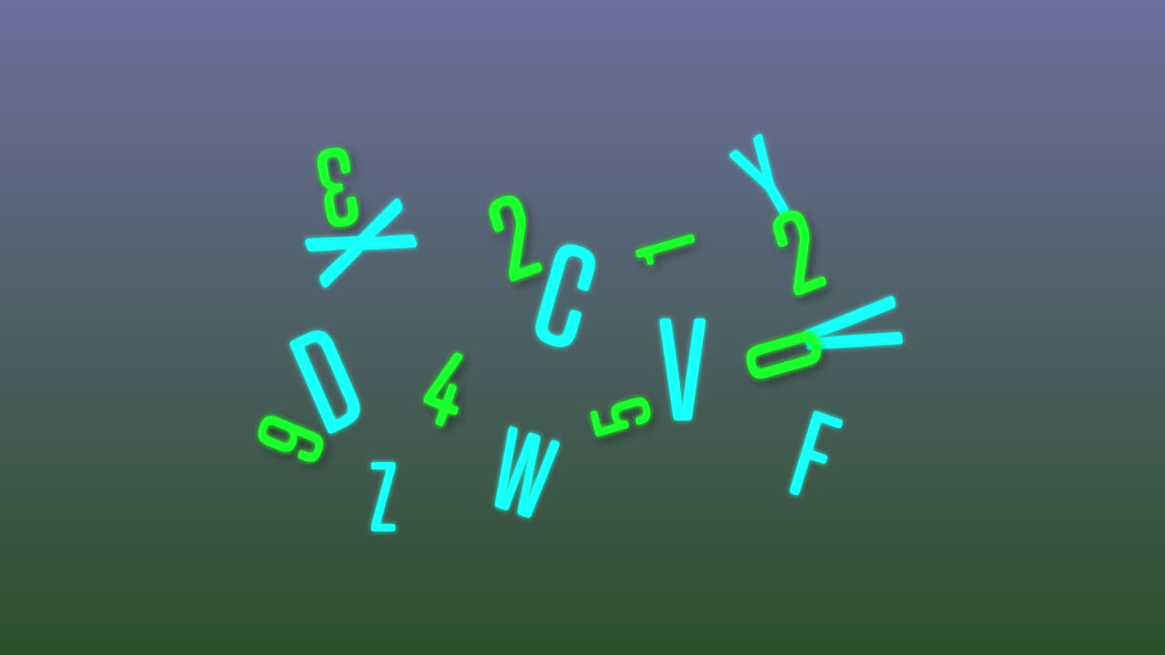 Neon random numbers and alphabets moving and changing against gradient blue and green background