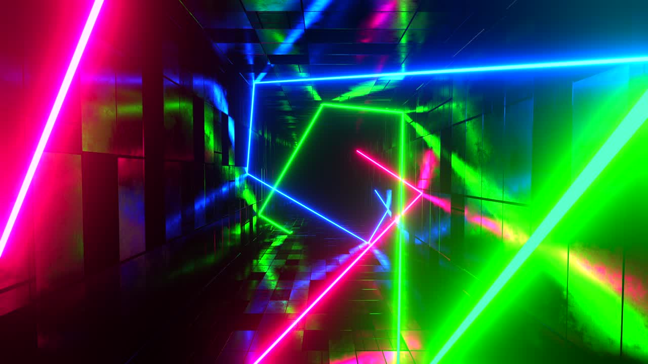 laser multicolori che si muovono in un tunnel rettangolare. animazione a loop infinito