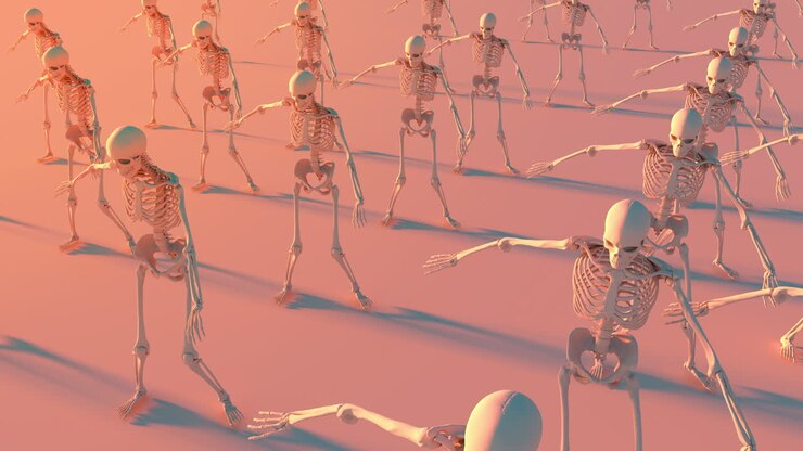 Scheletri animati in 3D che eseguono una danza sincronizzata
