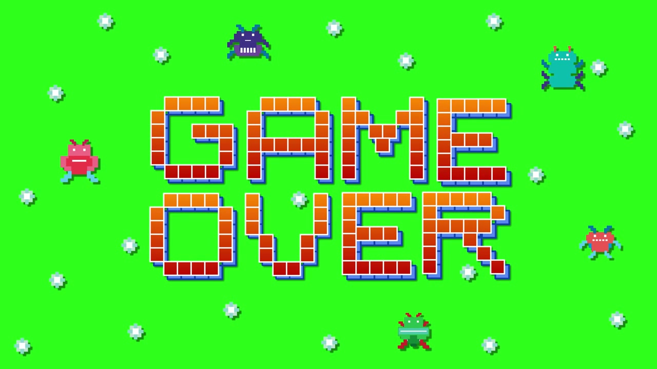 Pixelated Game Over text appears letter by letter with colorful aliens on green background