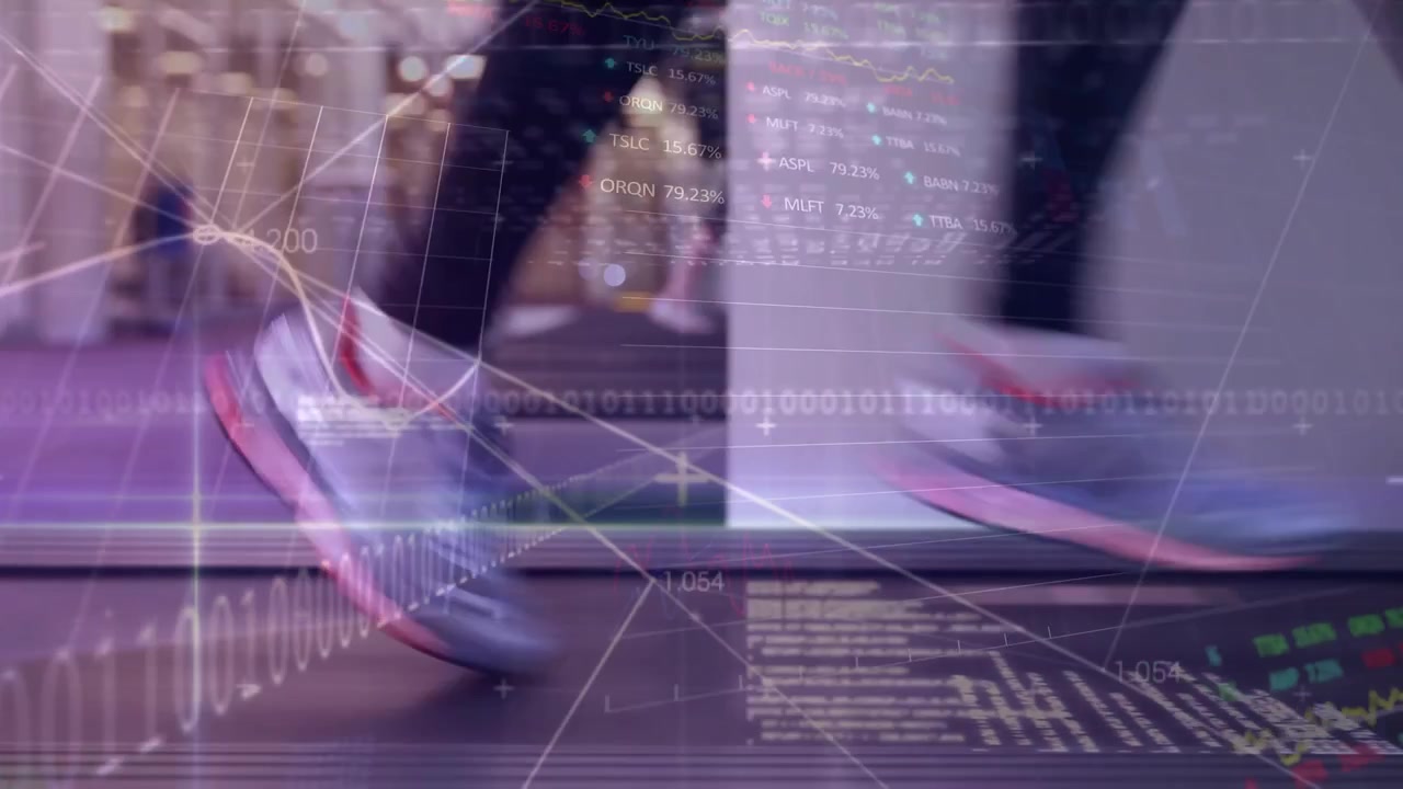 Animation of data processing over caucasian sports people running
