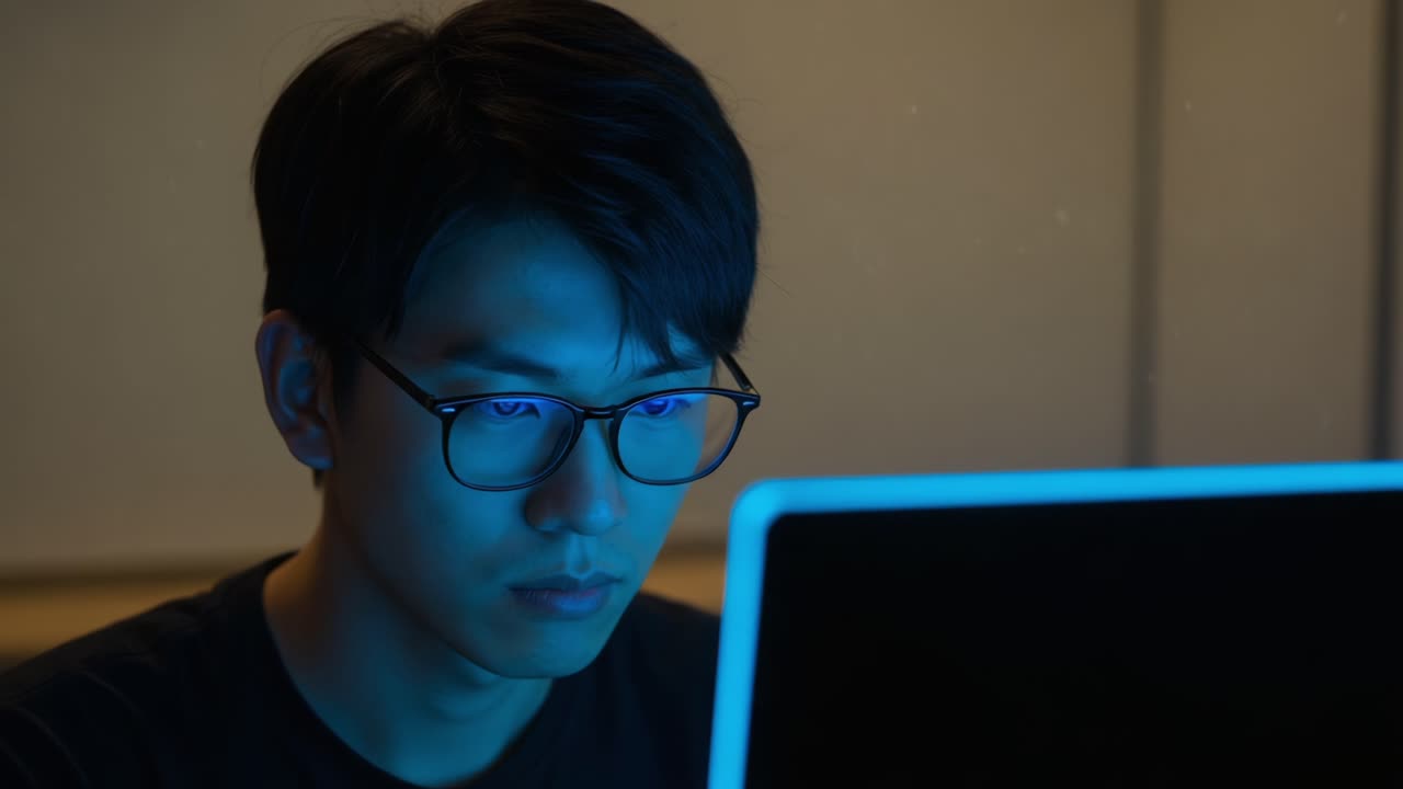 A focused individual deeply engaged in computer work under soft blue lighting, highlighting concentration and the modern digital environment