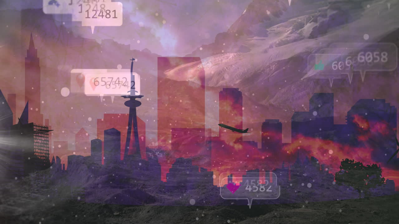 풍경 배경 위의 소셜 미디어 아이콘과 숫자의 애니메이션