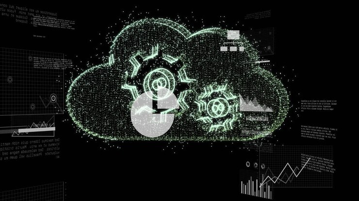 Cloud computing and data processing animation over digital graphs and charts