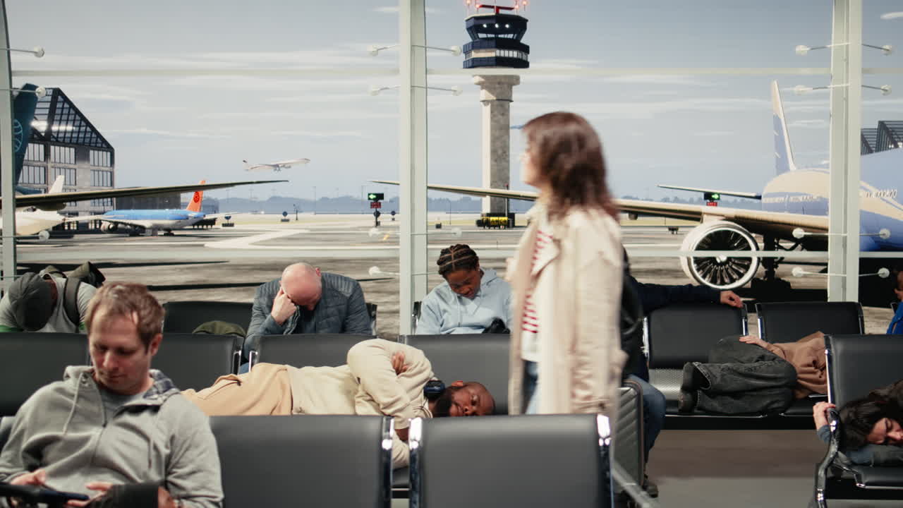 Trætte turister i lufthavnen sover på stole, efter at flyafgange blev aflyst.