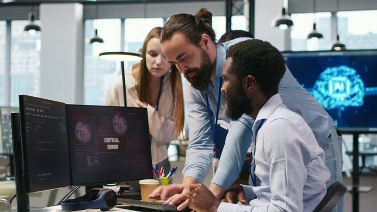 Programmer In Office Requesting Help From Coworkers To Fix Critical Error