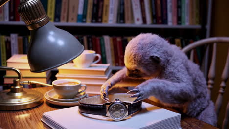 sloth fixing a watch in a library