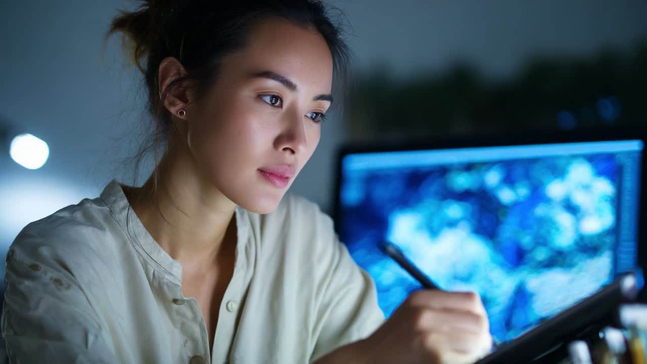 Focused Woman Engaged in Digital Art Creation with Drawing Tablet at Night, Illuminated by Computer Screen, Showcasing Her Creativity and Artistic Talent in a Calm, Thoughtful Environment
