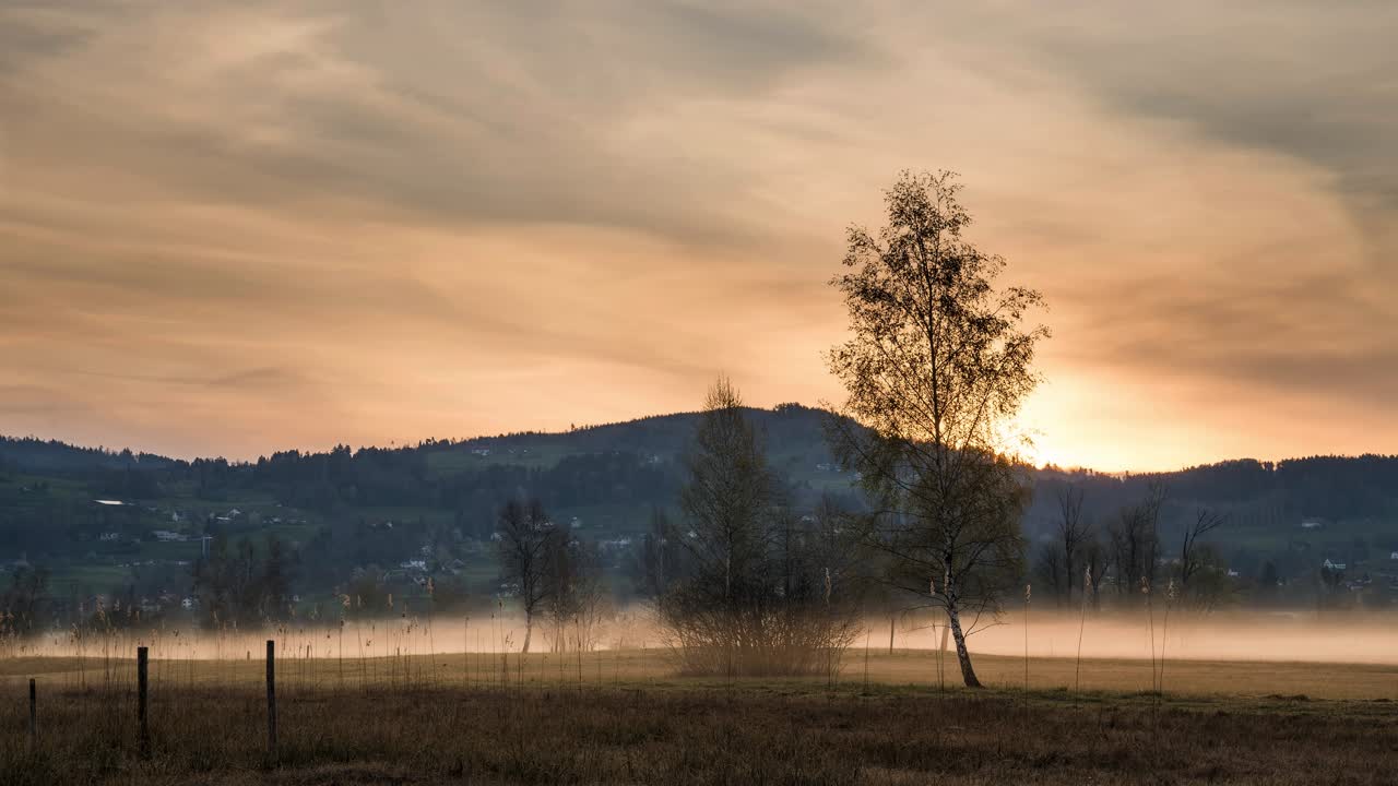 Time-lapse of sunrise in a nature reserve. Fog and haze drift across the ground. The clouds are illuminated yellow by the sun. It's golden hour and a mystical atmosphere. Its spring.