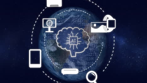animación del procesamiento de datos y los iconos sobre el globo y el fondo oscuro