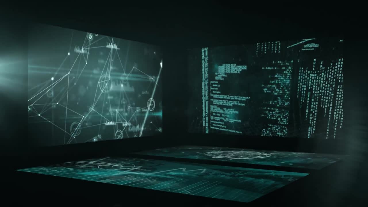Animation of screens with network connections with digital data processing and globe spinning