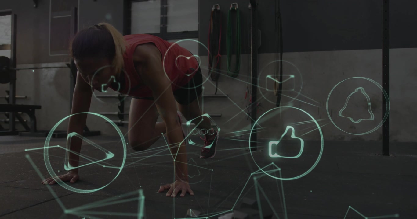 On record start, trainer doing alternating knee-drives in gym for socials, holo icons over athlete