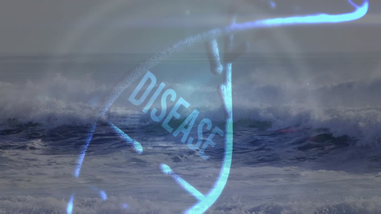 Stormy ocean waves, translucent blue helix materializing, code sliding, disease label fading