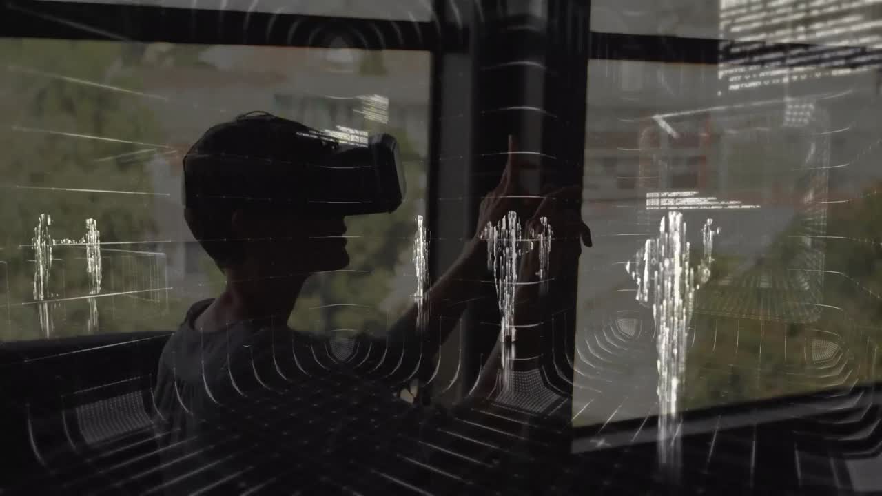 animación del procesamiento de datos financieros sobre el hombre de negocios usando auriculares vr