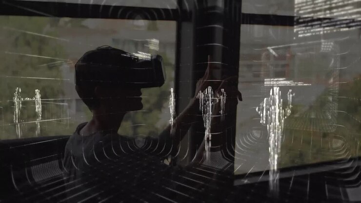 Animation of financial data processing over businessman using vr headset