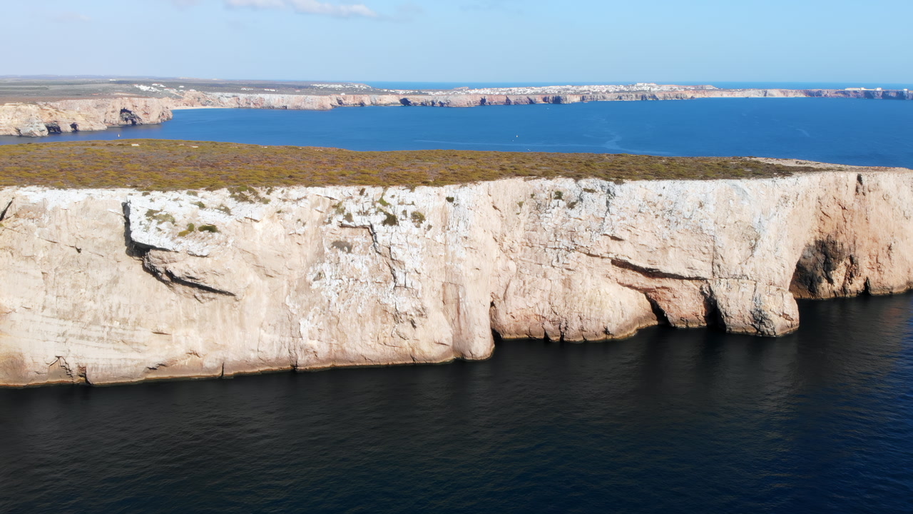 Aerial Limestone Cliff Towering Over Sea, Sheer Pale Rock Face With Undercut Caves And Visible Strata. Media