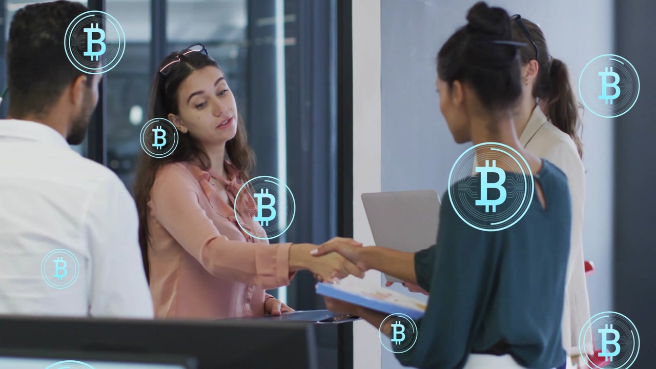 Woman in pink extending hand shaking teal woman and exchanging folders for crypto, icons appearing