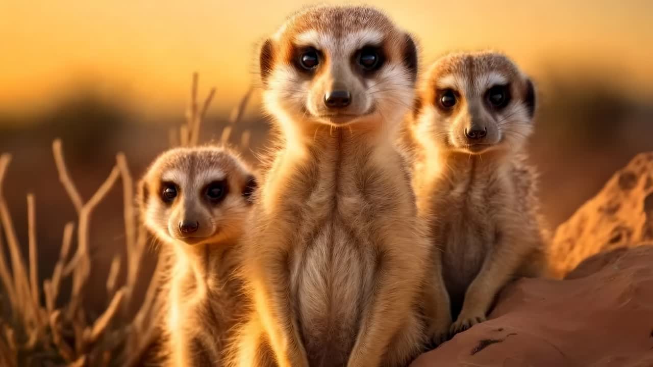 Tre suricati stanno all'erta in un deserto illuminato dal tramonto, ripresi da un angolo basso