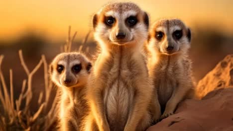 Three meerkats stand alert in a sunset-lit desert, captured from a low-angle