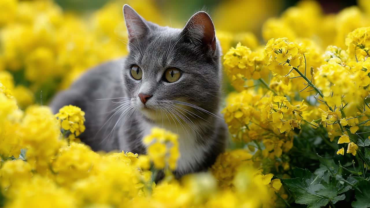 A Curious Gray Cat Nestled Among Vibrant Yellow Flowers, Capturing the Essence of Springtime Beauty and Nature’s Bounty in Every Frame