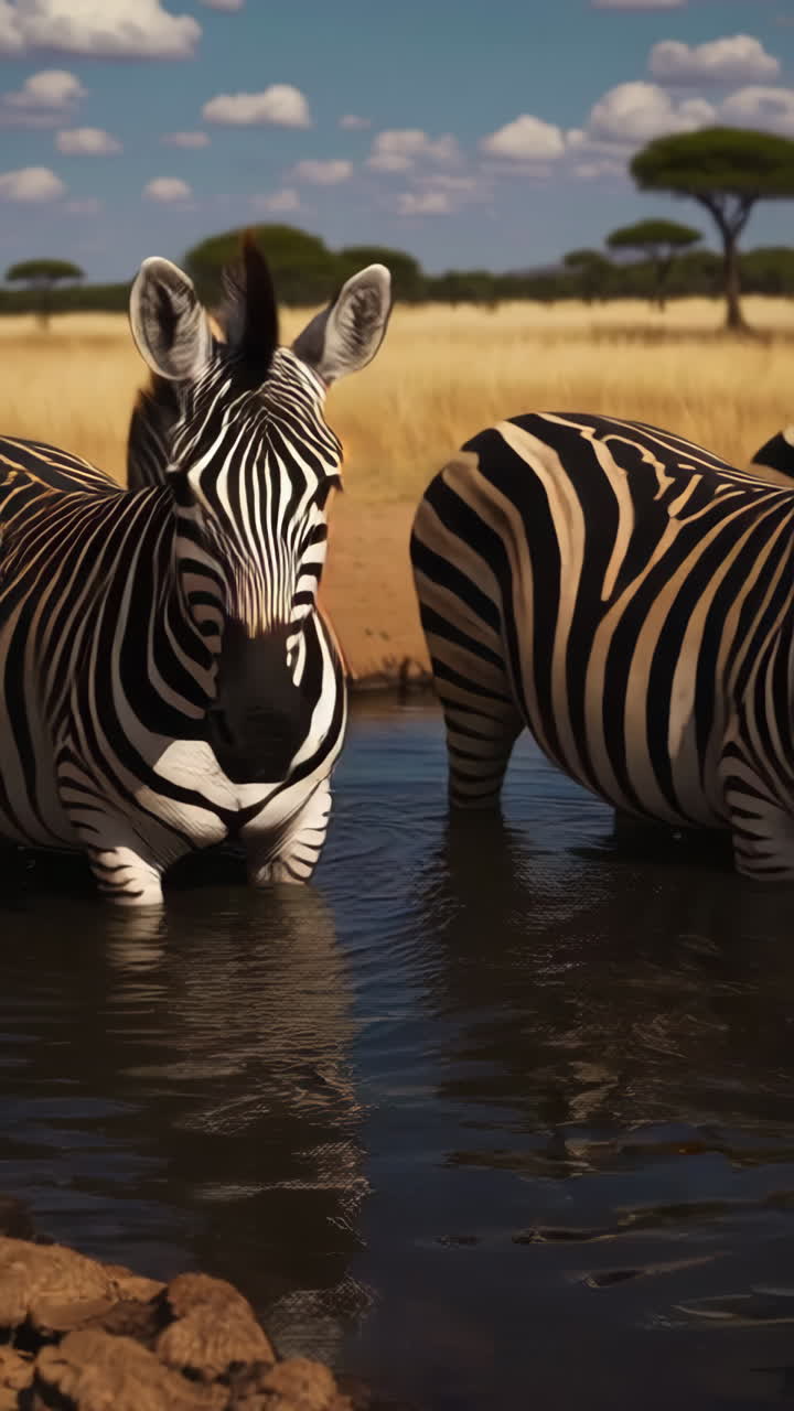 Zebras at a watering hole in the African savanna