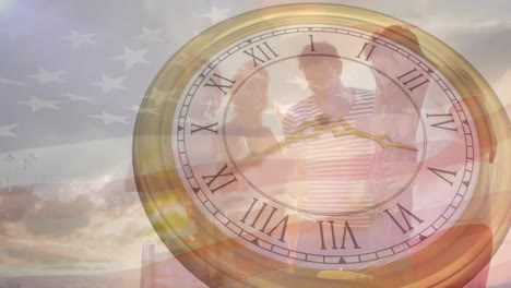 animation of clock and flag of america over diverse friends watching old memories in cellphone