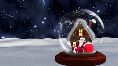 Linda-Animación-Navideña-De-Cabaña-Y-Papá-Noel-En-Globo-De-Nieve-Sobre-Fondo-Espacial-4k