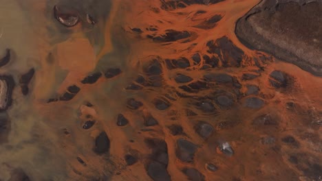 aerial - braided thjorsa river with orange and black textures in iceland