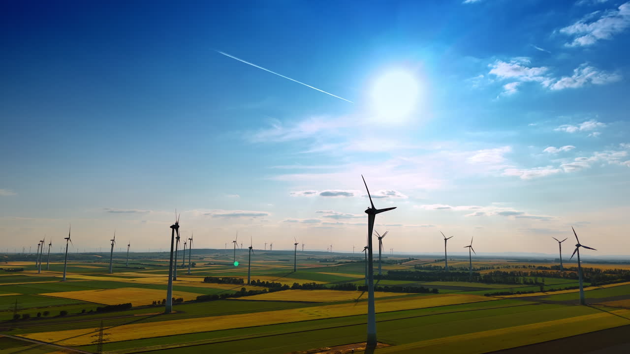Wind turbines capture energy. Wind turbines stand tall on green fields under a clear blue sky, showcasing renewable energy production