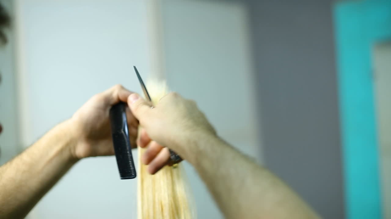 Hair dye cutting in process. Professional hairdresser cutting hair to female customer at design hair salon