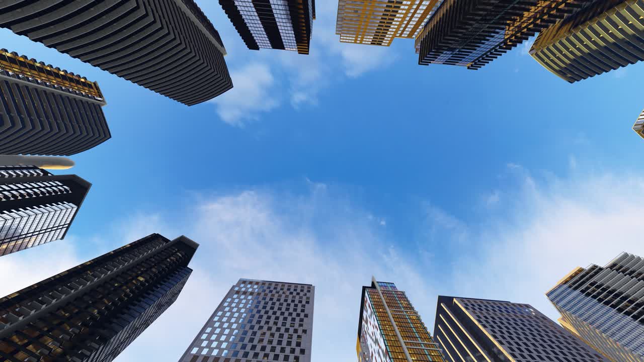 vuelo de avión sobre el centro de negocios de los rascacielos. vista de abajo de los rascadores de cielo con avión volador en un día soleado y brillante