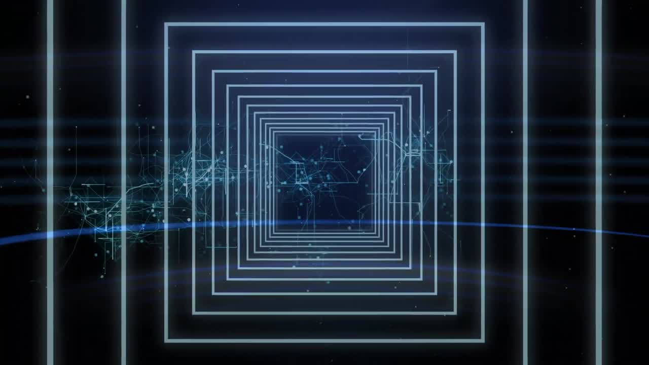 анимация сети соединений и цифрового туннеля на черном фоне