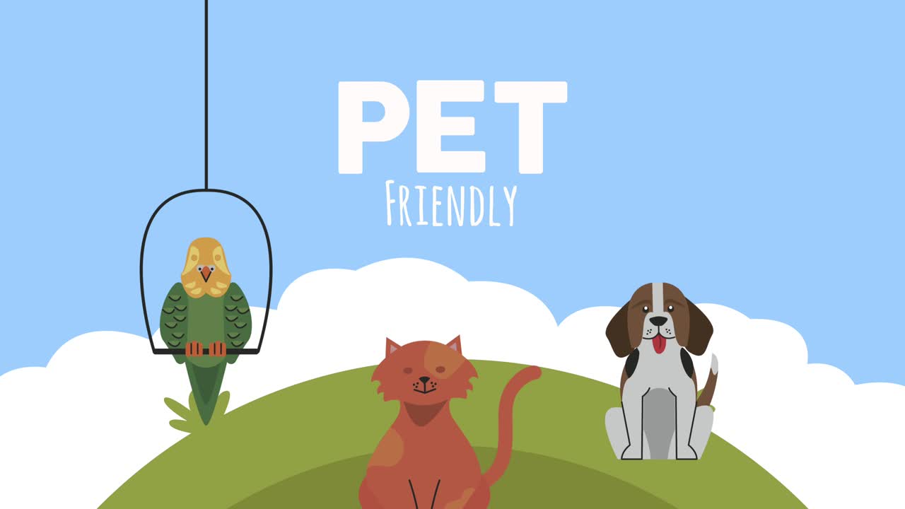 개와 무새 애완동물 애니메이션을 가진 고양이