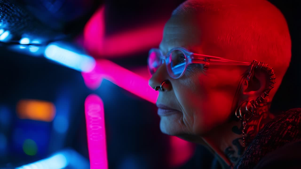 Un moment profondément contemplatif met en scène une personne plongée dans des néons éclatants, reflétant un mélange d’esthétique futuriste et d’expression personnelle à travers des piercings et des tatouages uniques.